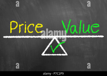 Price value balance drawing and text on chalkboard or blackboard as quality cost business product analysis concept Stock Photo