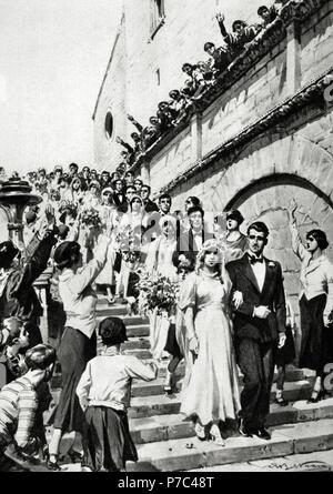 World War II (1939-1945). Wedding celebration, at the same time, of various Italian couples. Engraving. Stock Photo