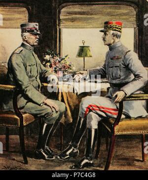 Meeting between the Italian Field Marshal Luigi Cadorna (1850-1928) and French, Ferdinand Foch (1851-1929), 1917. Engraving in La Domenica del Corriere, Italy. Stock Photo