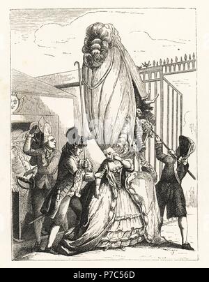 Woman smuggling contraband into France in her massive wig. 18th century caricature. Lithograph from Paul Lacroix' The Eighteenth Century: Its Institutions, Customs, and Costumes, London, 1876. Stock Photo