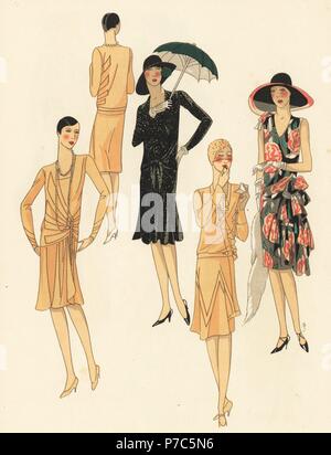 Woman in afternoon dresses of crepe, black printed muslin with parasol, beige wool, and flower-printed muslin. Illustration by J. Dory. Handcolored pochoir (stencil) lithograph from the French luxury fashion magazine Art, Gout, Beaute, 1928. Stock Photo