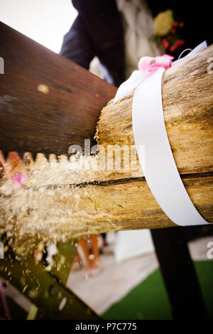 Bride and groom cutting wood log on wedding Stock Photo