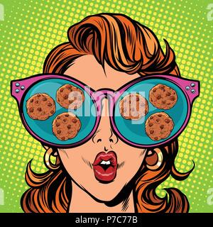 chocolate chip cookies. Woman reflection in glasses Stock Vector