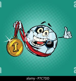 Winner first place gold medal. Character soccer ball football Stock Vector