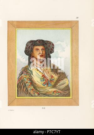 Sioux chief Ha-won-je-tah, One Horn, of the Mee-ne-cow-e-gee band, named for a single shell hanging from his neck. In a robe of elk skins fringed with porcupine quills and scalp-locks. Handcoloured lithograph from George Catlin's Manners, Customs and Condition of the North American Indians, London, 1841. Stock Photo