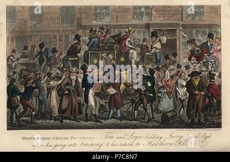 https://l450v.alamy.com/450v/p7c8n7/english-dandies-and-ladies-boarding-a-stagecoach-in-london-1820-white-horse-cellar-piccadilly-tom-and-logic-bidding-jerry-goodbye-upon-his-going-into-training-and-his-return-to-hawthorn-hall-handcoloured-copperplate-engraving-by-isaac-robert-cruikshank-and-george-cruikshank-from-pierce-egans-life-in-london-sherwood-jones-london-1823-p7c8n7.jpg