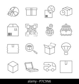 Delivery. Set of outline vector icons. Includes such as Loading, Express Delivery, Tracking Search, Cargo Ship and other. Editable Stroke Stock Vector