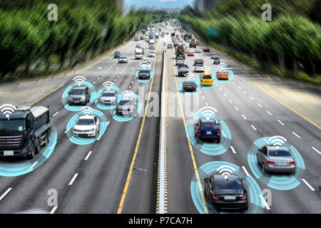 Smart car (HUD) , Autonomous self-driving mode vehicle on metro city road iot concept. Stock Photo