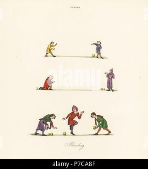 Medieval bowling games: Two men playing bowls, 14th century (top), two men playing bowls with target cones or marks, 13th century (middle), and three men playing bowls with a jack, 14th century (bottom). Handcoloured lithograph by Joseph Strutt from his own Sports and Pastimes of the People of England, Chatto and Windus, London, 1876. Stock Photo