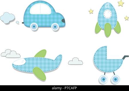 Vector set of cute baby boy elements for scrapbooking or baby shower greeting card and childs design. Cut out fabric or paper chequered blue stickers  Stock Vector