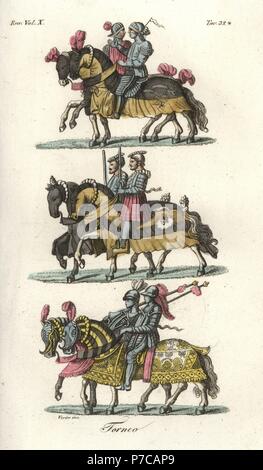 Knights in armour on horseback at a medieval tournament. Handcoloured copperplate engraving by Verico from Giulio Ferrario's Ancient and Modern Costumes of all the Peoples of the World, Florence, Italy, 1844. Stock Photo
