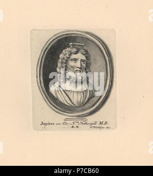 Portrait of Jupiter or Jove, Roman deity, on cornelian from the collection of John Fothergill M.D. Copperplate engraving by Thomas Worlidge from James Vallentin's One Hundred and Eight Engravings from Antique Gems, 1863. Stock Photo