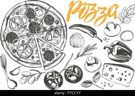 Italian pizza , collection of pizza with ingredients, logo, hand drawn vector illustration realistic sketch , Stock Vector