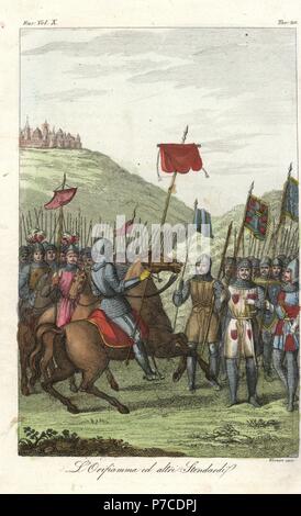 The oriflammes of Saint Dionysius and the House of Harcourt, battle standards of the King of France, and other standards carried by medieval knights on a battlefield. Handcoloured copperplate engraving by Verico from Giulio Ferrario's Ancient and Modern Costumes of all the Peoples of the World, Florence, Italy, 1844. Stock Photo