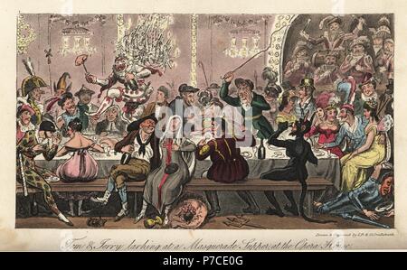 English dandies and belles in fancy-dress costume at a ball. Tom and Jerry larking at a Masquerade Supper at the Opera House. Handcoloured copperplate engraving by Isaac Robert Cruikshank and George Cruikshank from Pierce Egan's Life in London, Sherwood, Jones, London, 1823. Stock Photo