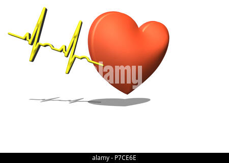 Red heart on a white background. Pulse rate chart. Electrocardiogram. Prevention of heart disease as a 3D rendering. Stock Photo