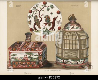 Porcelain inkstand and birdcage from Delft, Netherlands, 18th century. Underside of birdcage decorated with painting of birds and insects. Hand-finished chromolithograph from Ris Paquot's General History of Ancient French and Foreign Glazed Pottery, Chez l'Auteur, Paris, 1874. Stock Photo