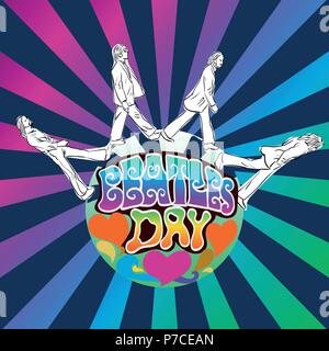 July 05, 2018: Hand drawn vector illustration of flyer with the Beatles members on psychedelic art with lettering background. for Beatles Day on July  Stock Vector