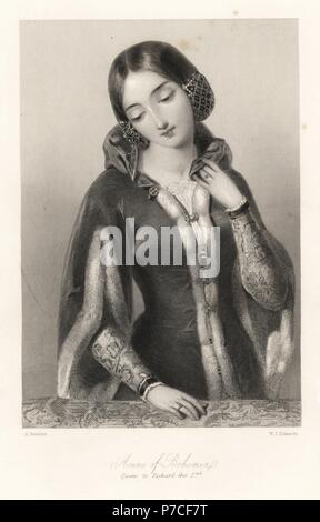 Anne of Bohemia, queen of King Richard II of England. Steel engraving by W.J. Edwards after a portrait by A. Bouvier from Mary Howitt's Biographical Sketches of The Queens of England, Virtue, London, 1868. Stock Photo