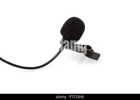 Condenser lavalier tie clip microphone, tool isolated on white background, macro Stock Photo