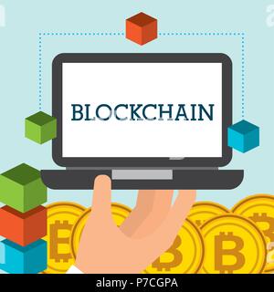 hand holding laptop bitcoins blockchain vector illustration Stock Vector