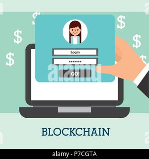 hand with laptop website login money blockchain vector illustration Stock Vector