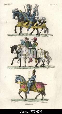King and knights in armour on horseback at a medieval tournament. Handcoloured copperplate engraving by Verico after A. Monticelli from Giulio Ferrario's Ancient and Modern Costumes of all the Peoples of the World, Florence, Italy, 1844. Stock Photo