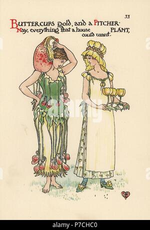 Flower fairies of buttercup, Ranunculus acris, and pitcher plant, Nepenthes species, wearing headdresses and dresses made of flowers. Chromolithograph after an illustration by Walter Crane from A Flower Wedding, Cassell, London, 1905. Stock Photo