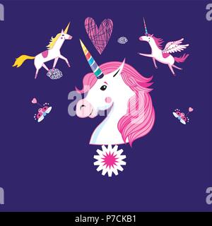 ector cartoon set of unicorns and fabulous objects. Stock Vector