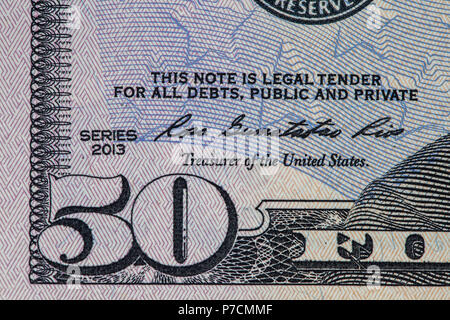 Extreme closeup of fragment of fifty US dollars bill Stock Photo