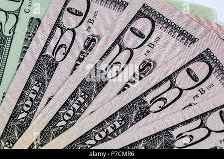 50 and 20 US dollar bills in fan shape - extreme closeup Stock Photo