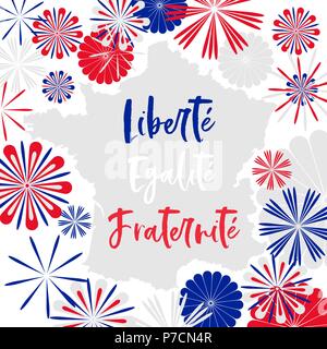 vector card with motto of France  in french meanening Liberty, Equality, Fraternity on map decorated with abstarct three colored fireworks Stock Vector