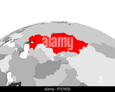 Kazakhstan in red on grey model of political globe with transparent oceans. 3D illustration. Stock Photo