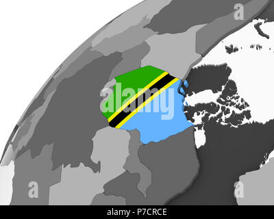 Tanzania on gray political globe with embedded flag. 3D illustration ...