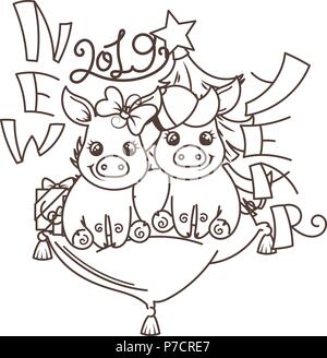 Happy New 2019 Year card with cartoon baby pig. Small vector symbol of holiday. Coloring page Stock Vector