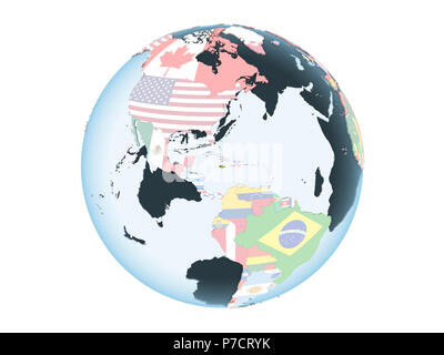 Jamaica on bright political globe with embedded flag. 3D illustration isolated on white background. Stock Photo