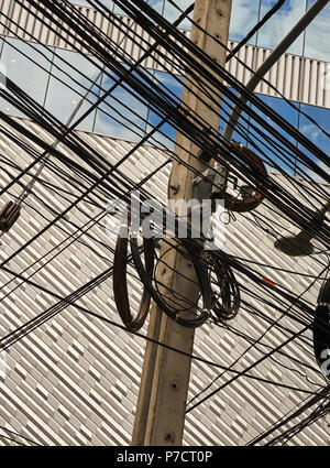 looking up at bundled wires with exterior building in background Stock Photo