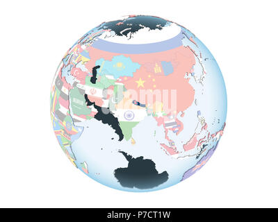 Nepal on bright political globe with embedded flag. 3D illustration isolated on white background. Stock Photo