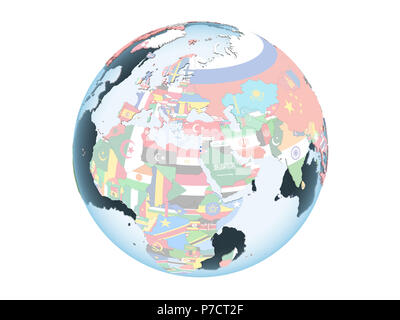 Israel on bright political globe with embedded flag. 3D illustration isolated on white background. Stock Photo