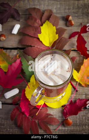 Cocoa with marshmallow on the background of bright autumn leaves. Stock Photo