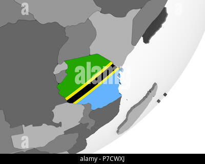 Tanzania on gray political globe with embedded flag. 3D illustration ...