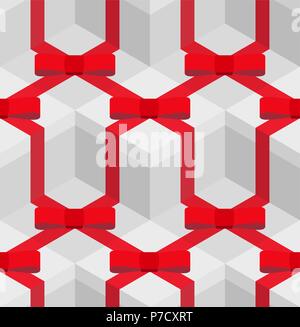 Seamless pattern with repeat of isometric illustration of white square gift box with red ribbon bow. Stock Vector
