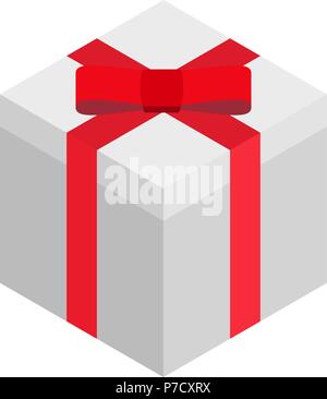 Isometric illustration of white square gift box with red ribbon bow isolated on a white background. Stock Vector
