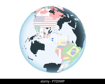 Nicaragua on bright political globe with embedded flag. 3D illustration isolated on white background. Stock Photo