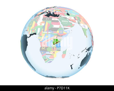 Tanzania on bright political globe with embedded flag. 3D illustration ...