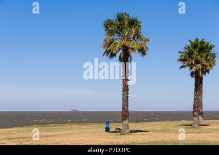 Man alone with deckchair at the Rambla, promenade at the Rio de la Plata, Montevideo, Uruguay Stock Photo