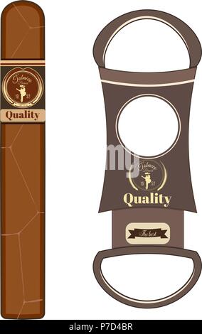 Vector illustration of cuban cigar with label and cigar cutter isolated on white background. Flat style design. Stock Vector