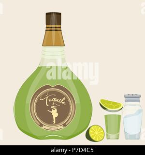 Tequila set. Vector isolated illustration of tequila bottle, shot glass with slice of lime and salt. Tequila bottle packaging with label mock up. Flat Stock Vector