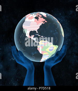 Jamaica on translucent political globe in hands in space. 3D illustration. Stock Photo