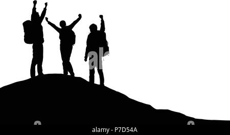 Three tourists with backpacks on top of a mountain rejoice in success - vector Stock Vector